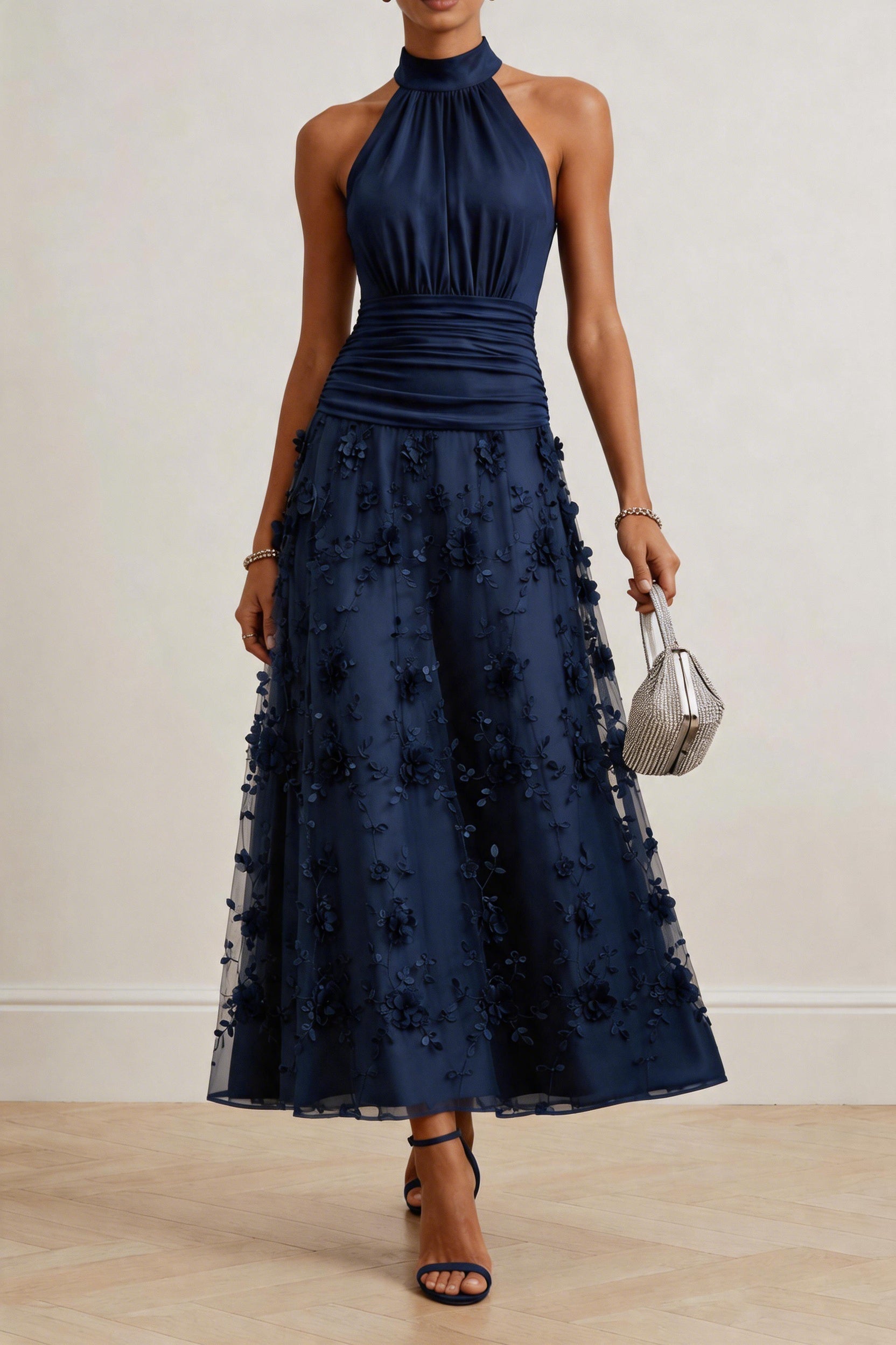 Dark Navy Halter Sleeveless Ruched A-Line Ankle Length Wedding Guest Dress COCOMELODY CG0360