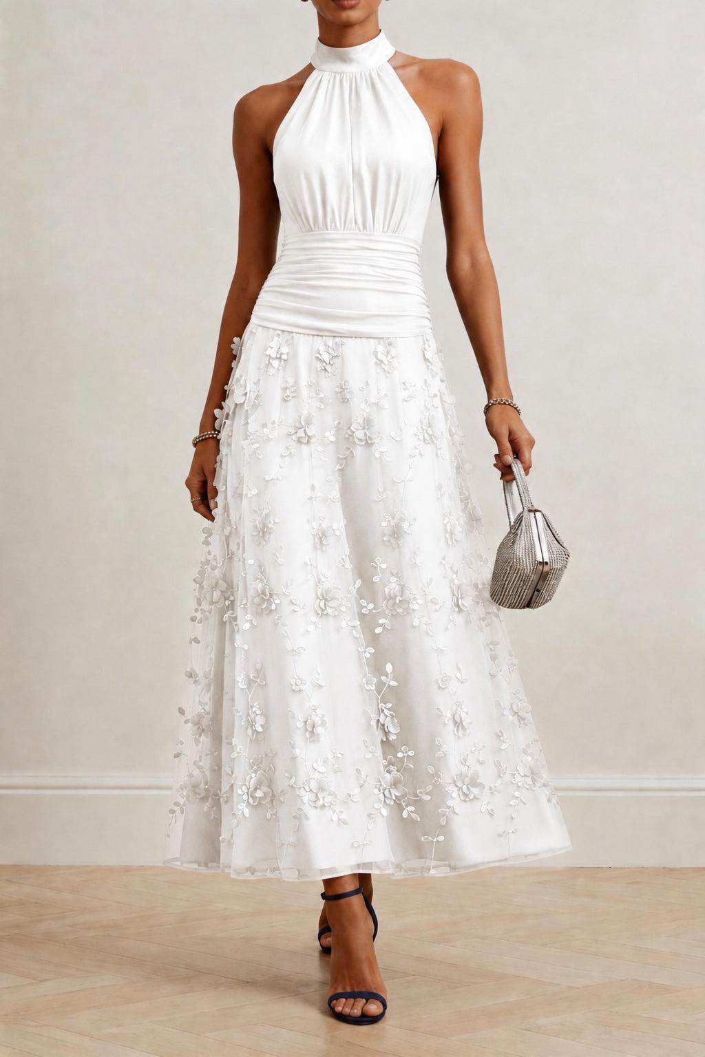 A-Line Ankle Length Stretch Satin Lace Wedding Guest Dress CG0360 - White - COCOMELODY