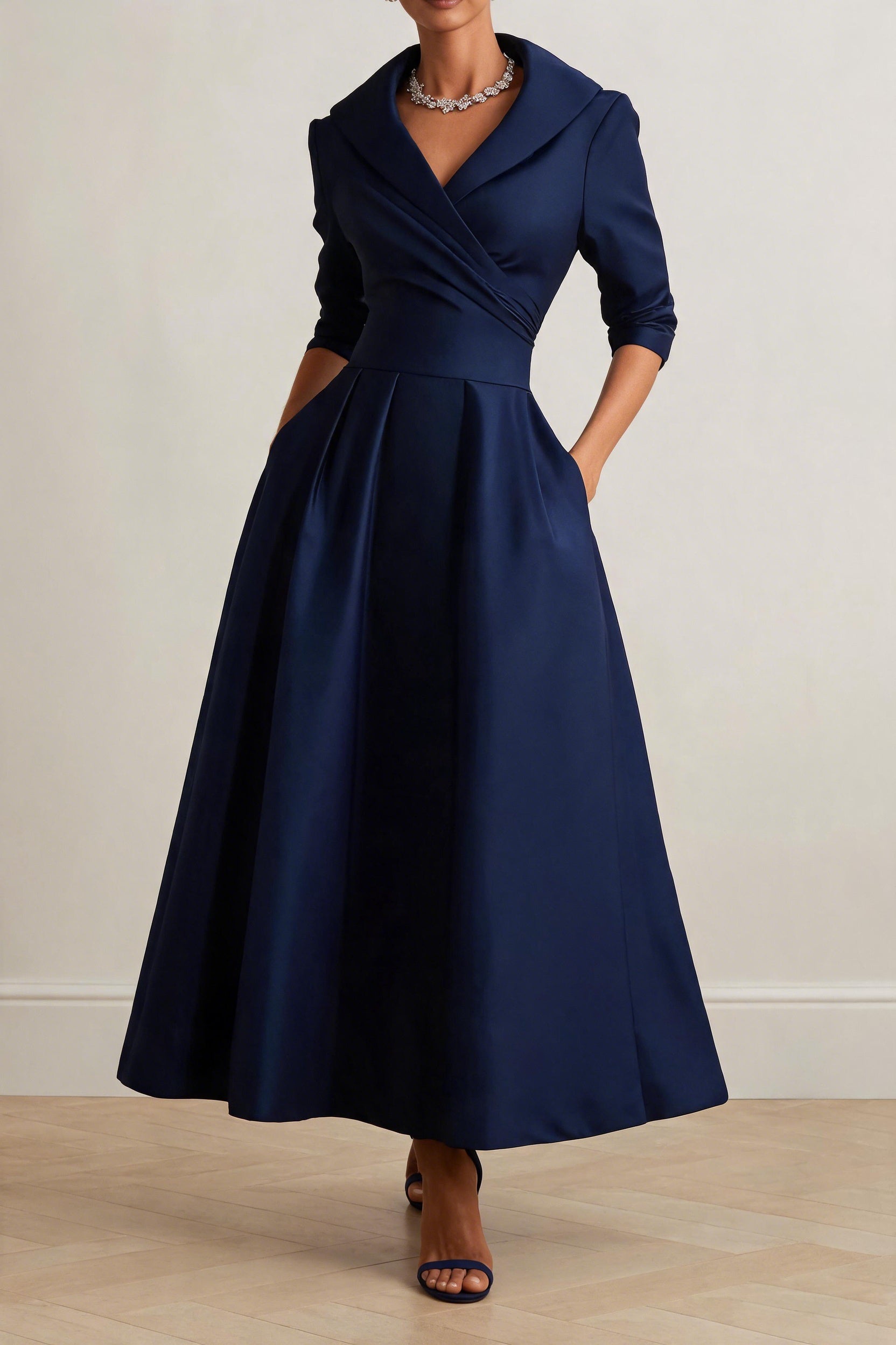 Navy Satin V-Neck Half Sleeve A-Line Wedding Guest Dress with Pockets COCOMELODY CG0361