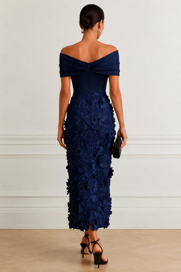 Sheath -Column Tea Length Satin Lace Wedding Guest Dress CG0362 - Dark Navy - COCOMELODY