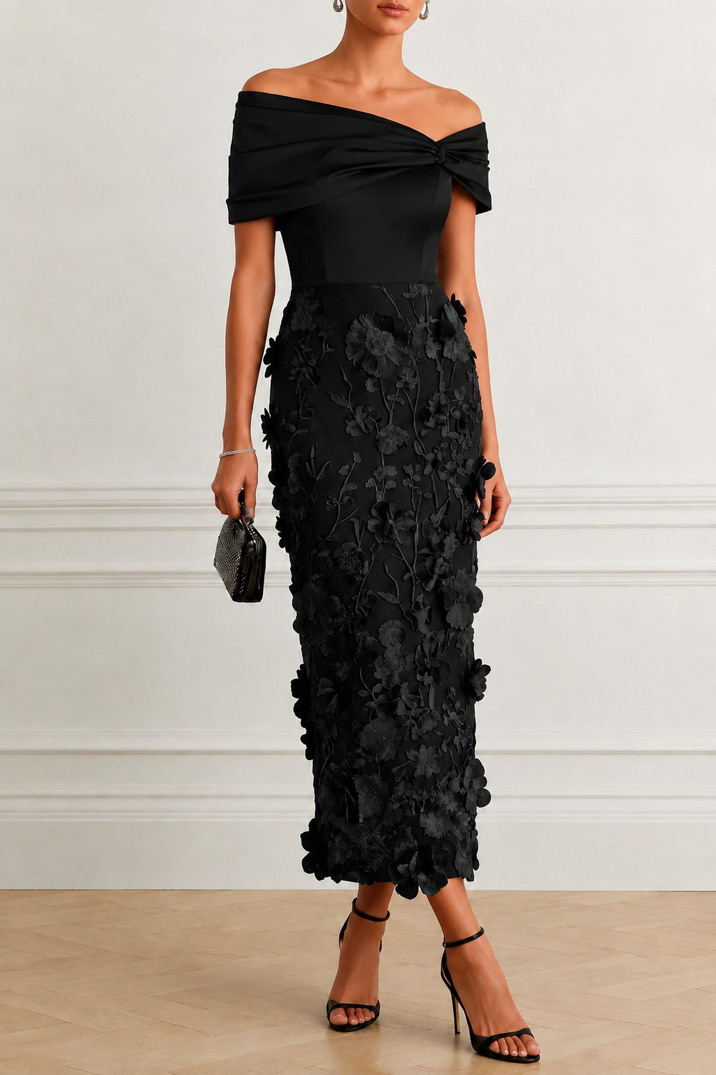 Sheath -Column Tea Length Satin Lace Wedding Guest Dress CG0362