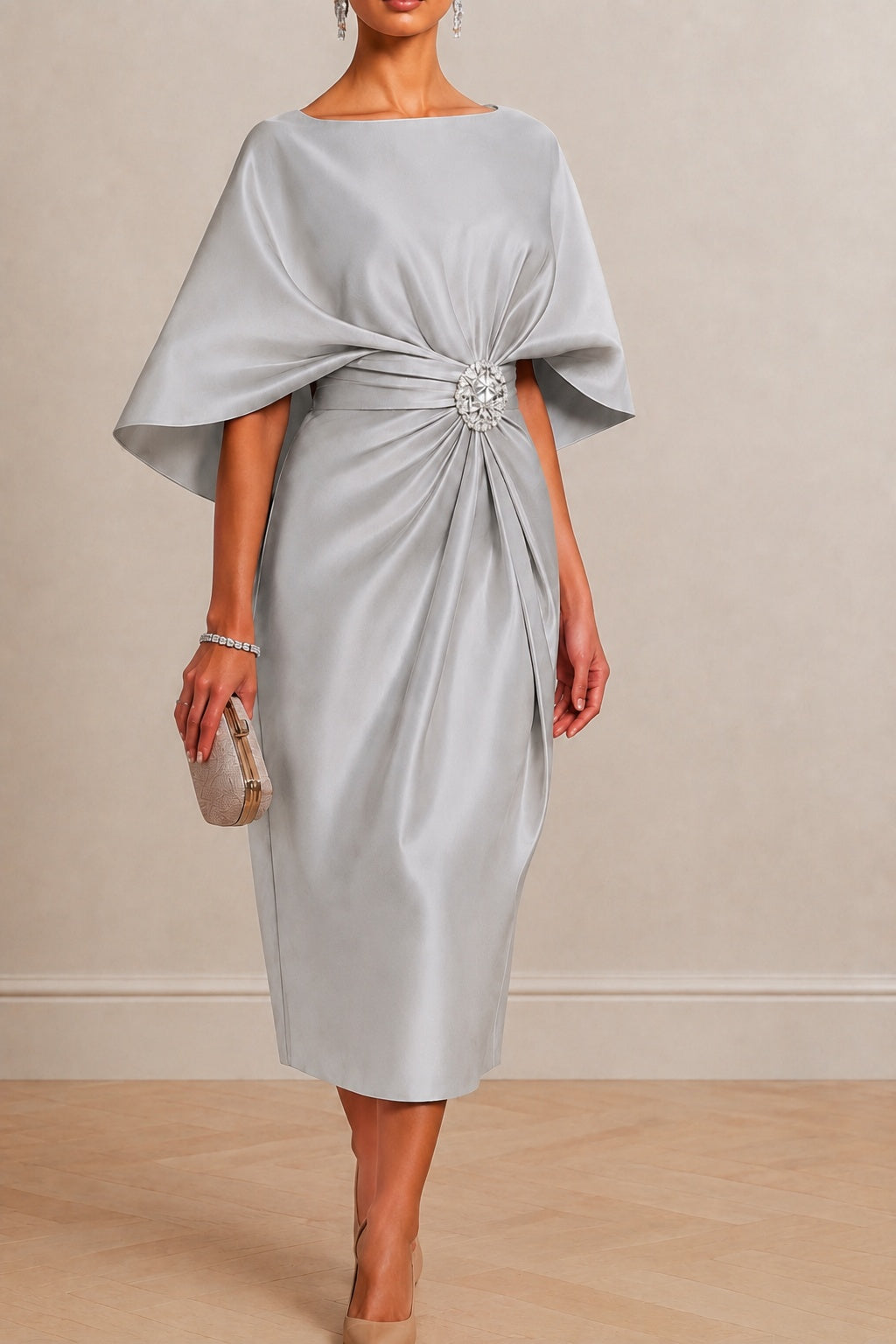 Sheath -Column Tea Length Satin Wedding Guest Dress CG0363