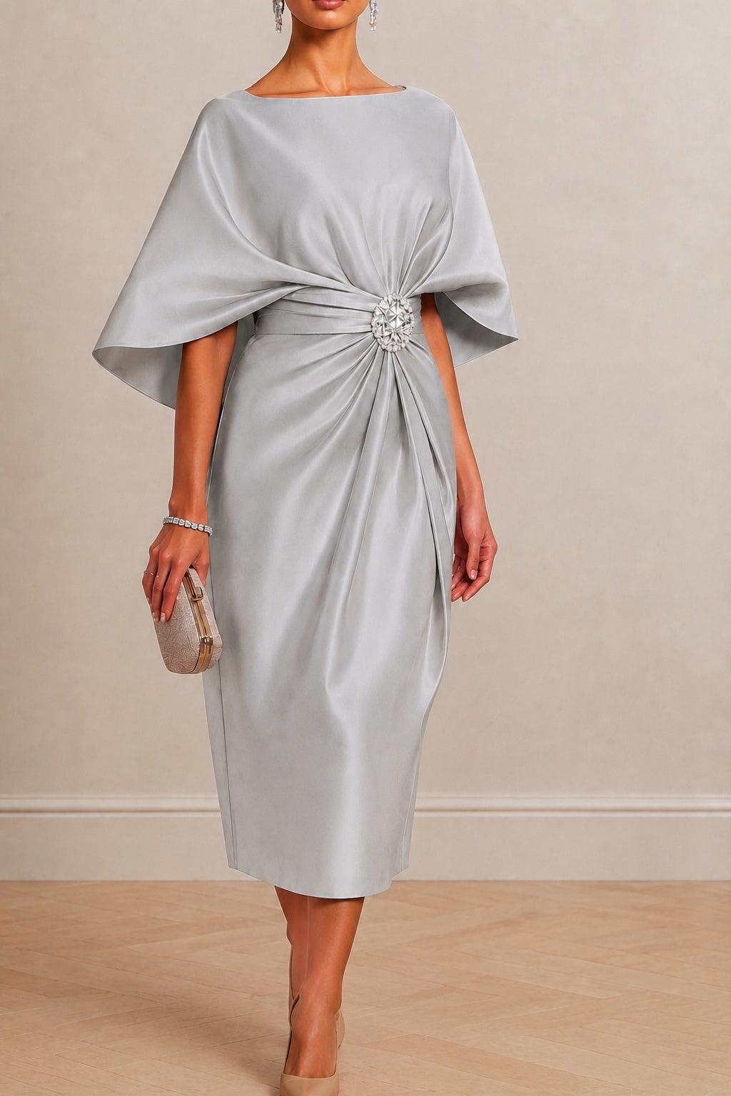 Sheath -Column Tea Length Satin Wedding Guest Dress CG0363 - Steel Grey - COCOMELODY