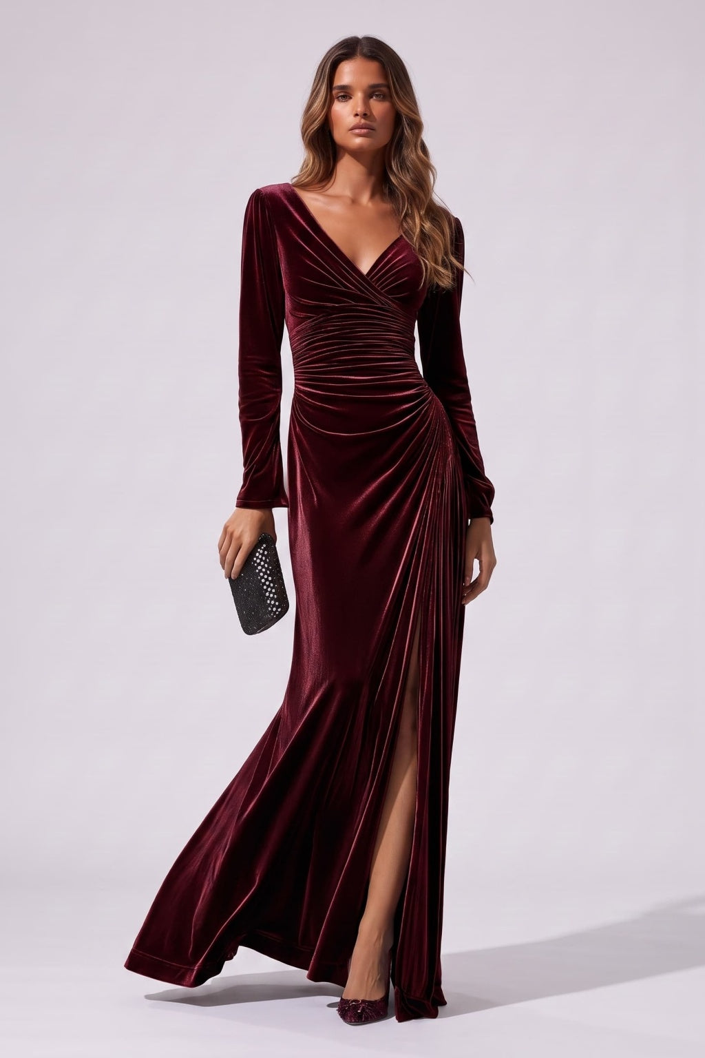 long sleeve burgundy wedding guest dress V-Neck Velvet Formal Evening Floor Length COCOMELODY COCOMELODY CG0364 magentoId:13236 @clairerose styles our Ines Color:Ivory Lace+Lilac Tulle including weddings