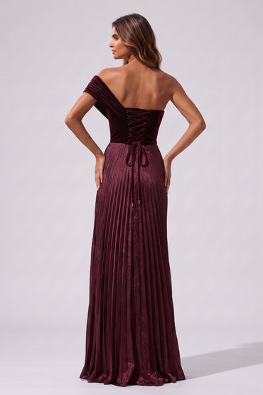Sheath-Column Floor Length Velvet Metallic Wedding Guest Dress CG0367 - Wine - COCOMELODY