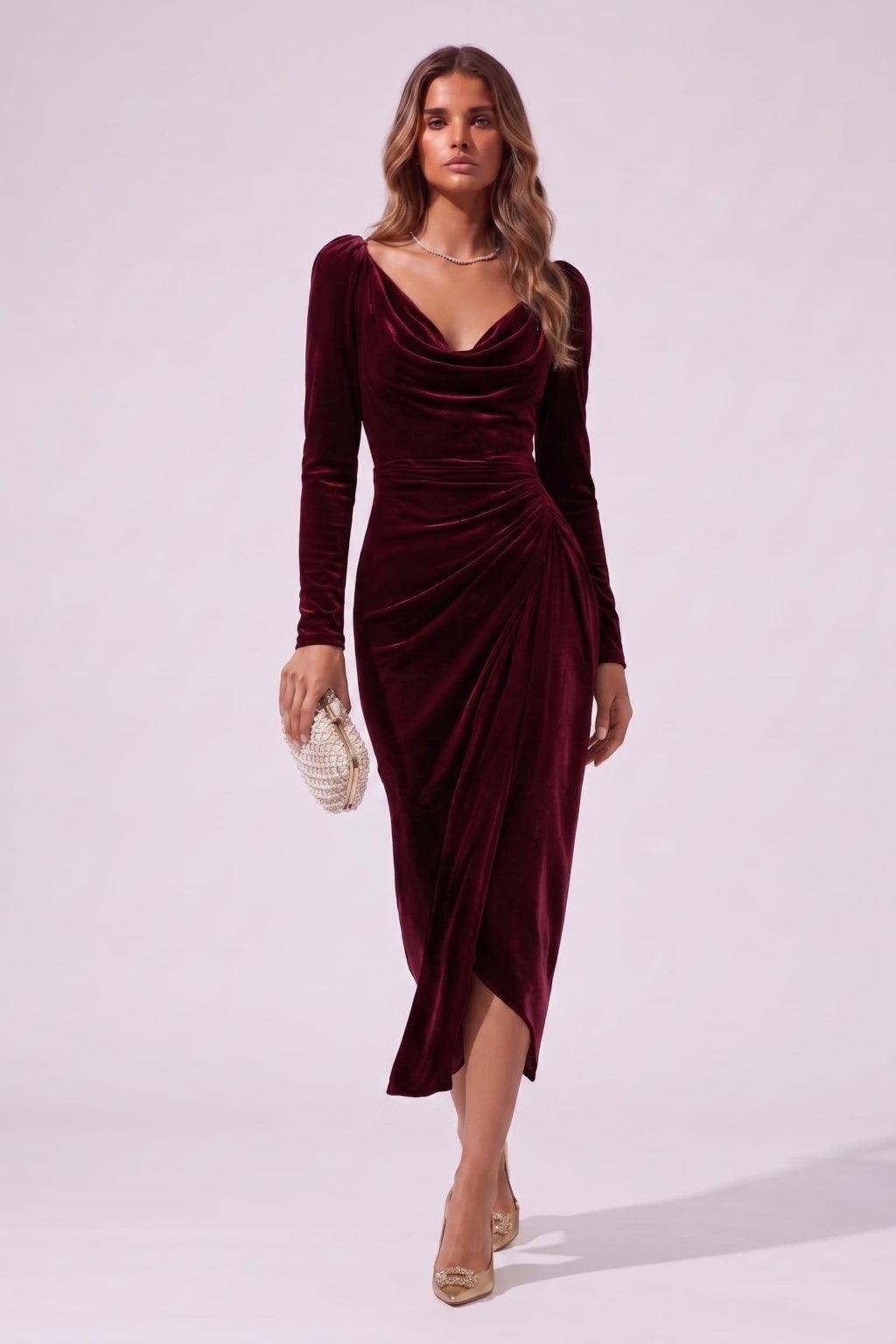 Sheath-Column Tea Length Velvet Wedding Guest Dress CG0369 - Wine - COCOMELODY