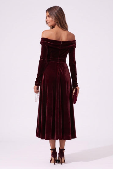 A-Line Tea Length Velvet Wedding Guest Dress CG0371 - Wine - COCOMELODY