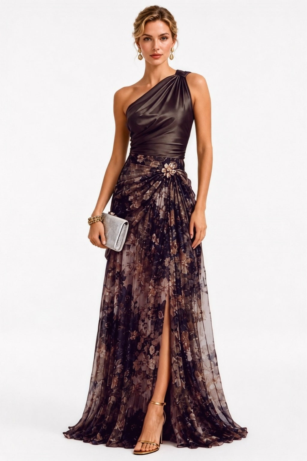 Sheath-Column Floor Length Stretch Satin Print Wedding Guest Dress CG0375