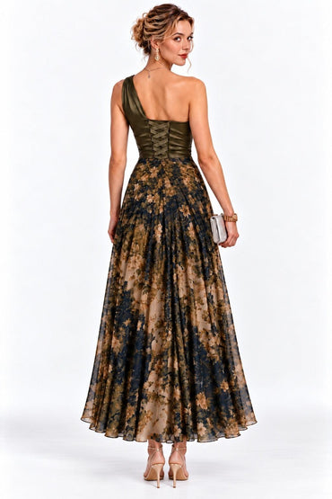 Sheath-Column Ankle Length Stretch Satin Printed Wedding Guest Dress CG0376 - Olive Green - COCOMELODY