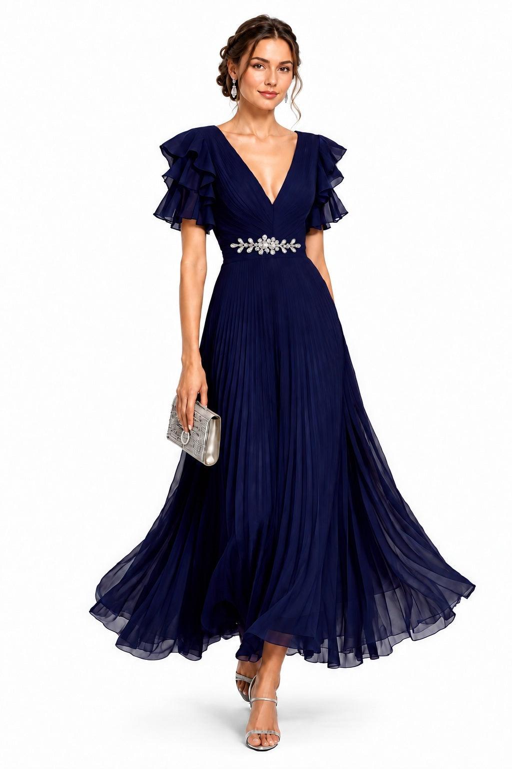 A-Line Ankle Length Chiffon Wedding Guest Dress CG0377 - Dark Navy - COCOMELODY