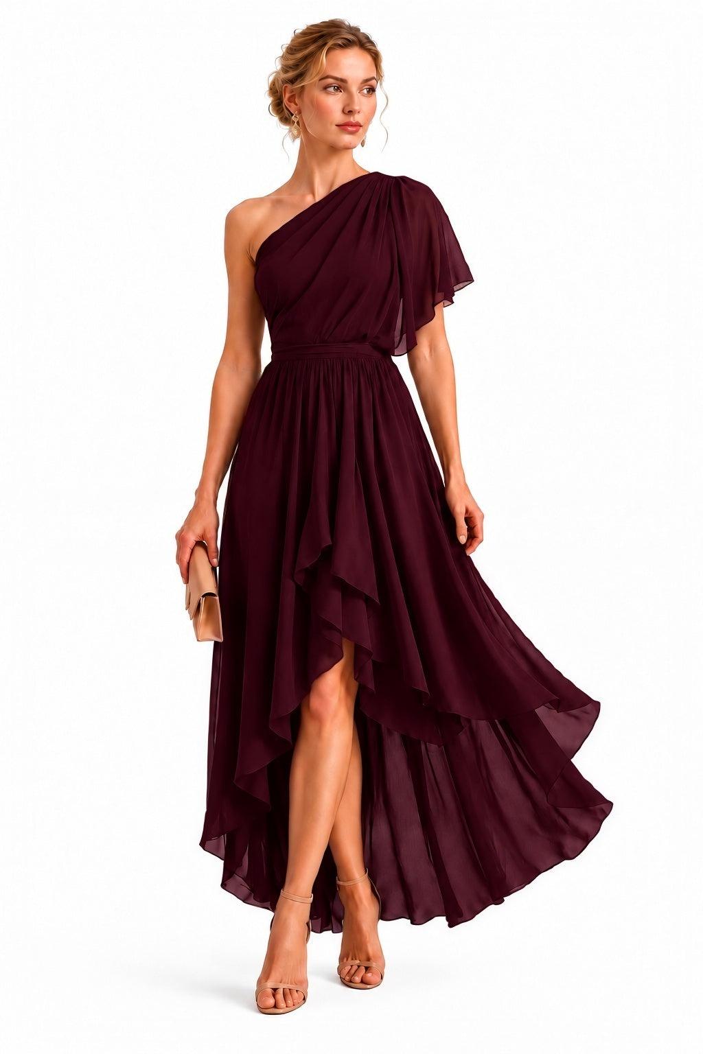 A-Line High-Low Chiffon Wedding Guest Dress CG0380 - Wine - COCOMELODY