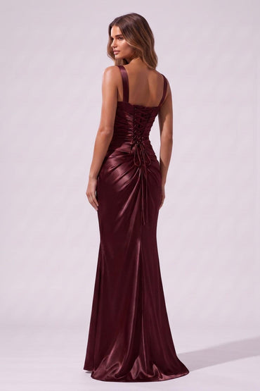 Trumpet-Mermaid Floor Length Stretch Satin Wedding Guest Dress CG0381 - Wine - COCOMELODY