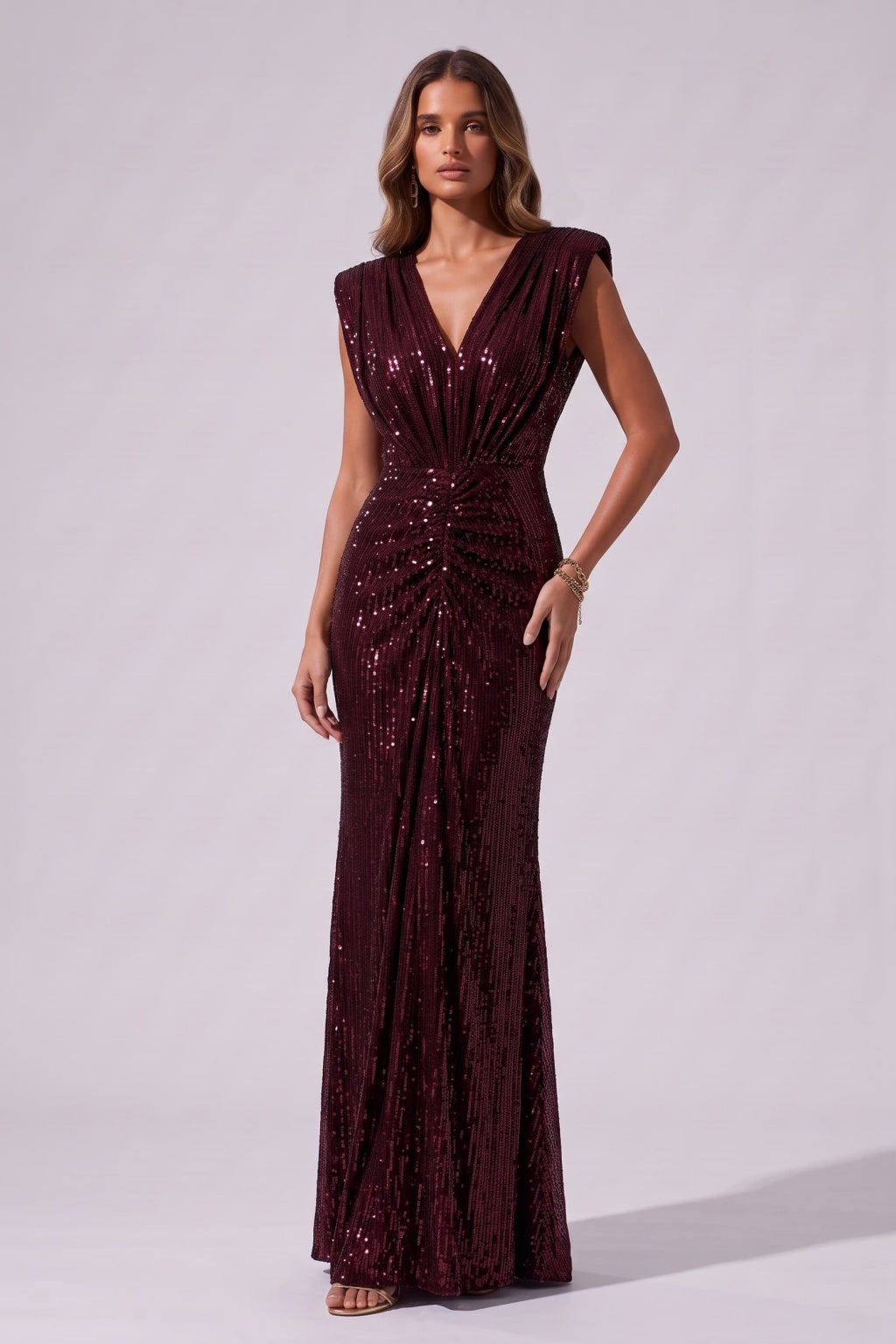 V-Neck Sequin Wedding Guest Dress Pleated Gala Formal Evening Floor Length COCOMELODY CG0383