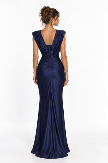 Sheath-Column Floor Length Stretch Satin Wedding Guest Dress CG0385 - Dark Navy - COCOMELODY