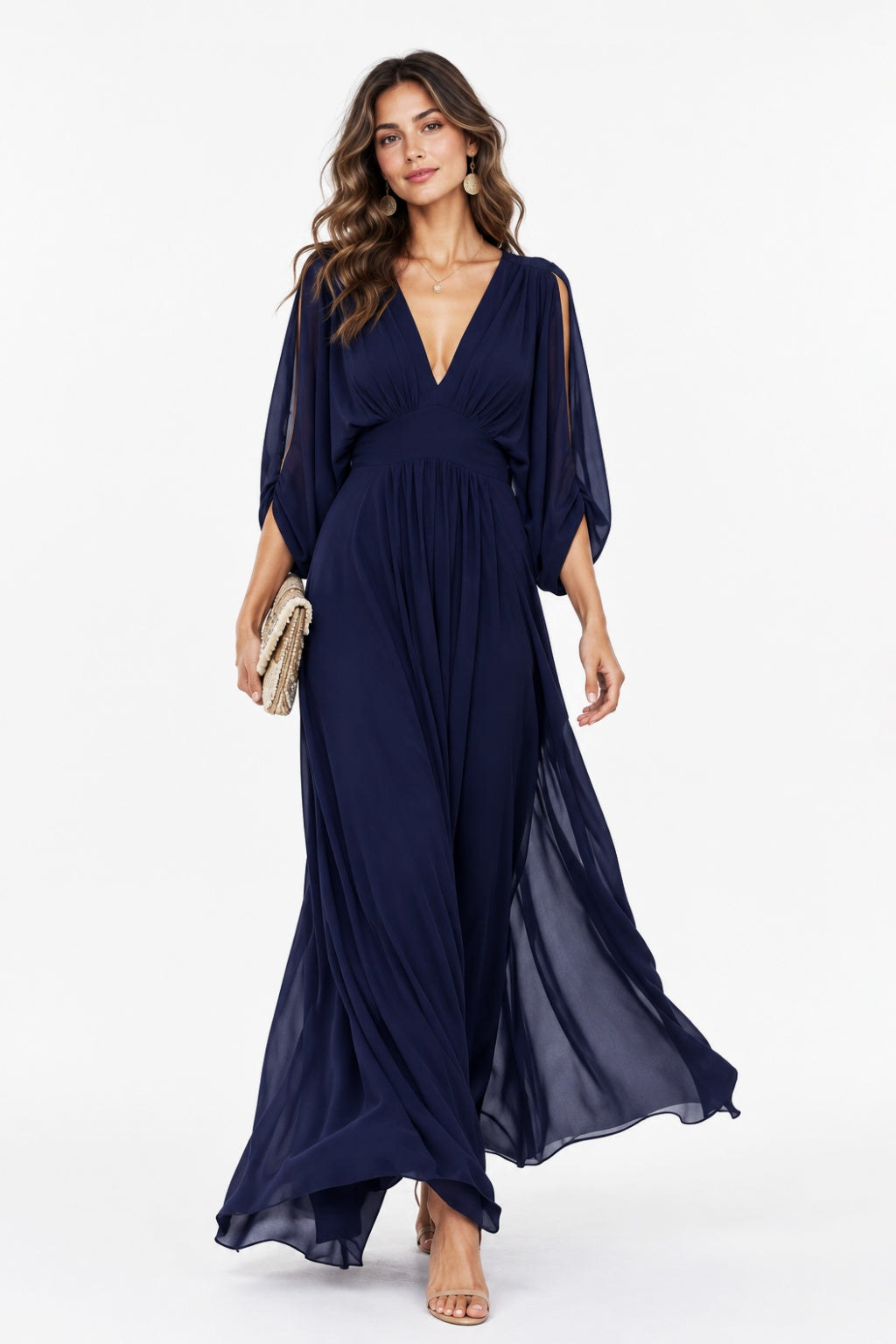 V-Neck Chiffon Wedding Guest Dress Ruched A-Line Ankle Length Dinner Dress COCOMELODY CG0386