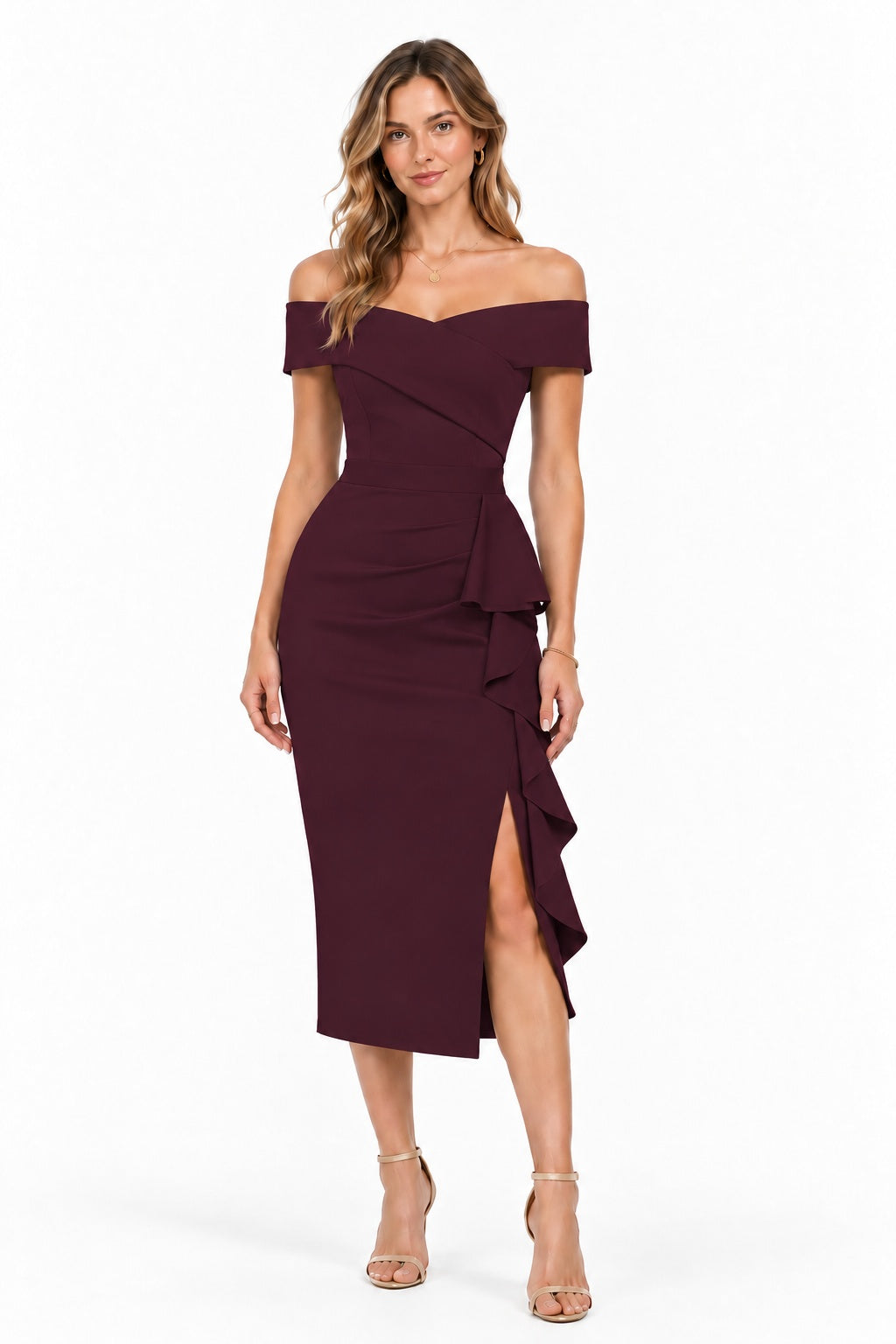Sheath-Column Tea Length Elastic Cloth Wedding Guest Dress CG0387 - Mulberry - COCOMELODY