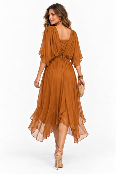 Asymmetrical Tea Length Chiffon Wedding Guest Dress CG0390 - Burnt Orange - COCOMELODY