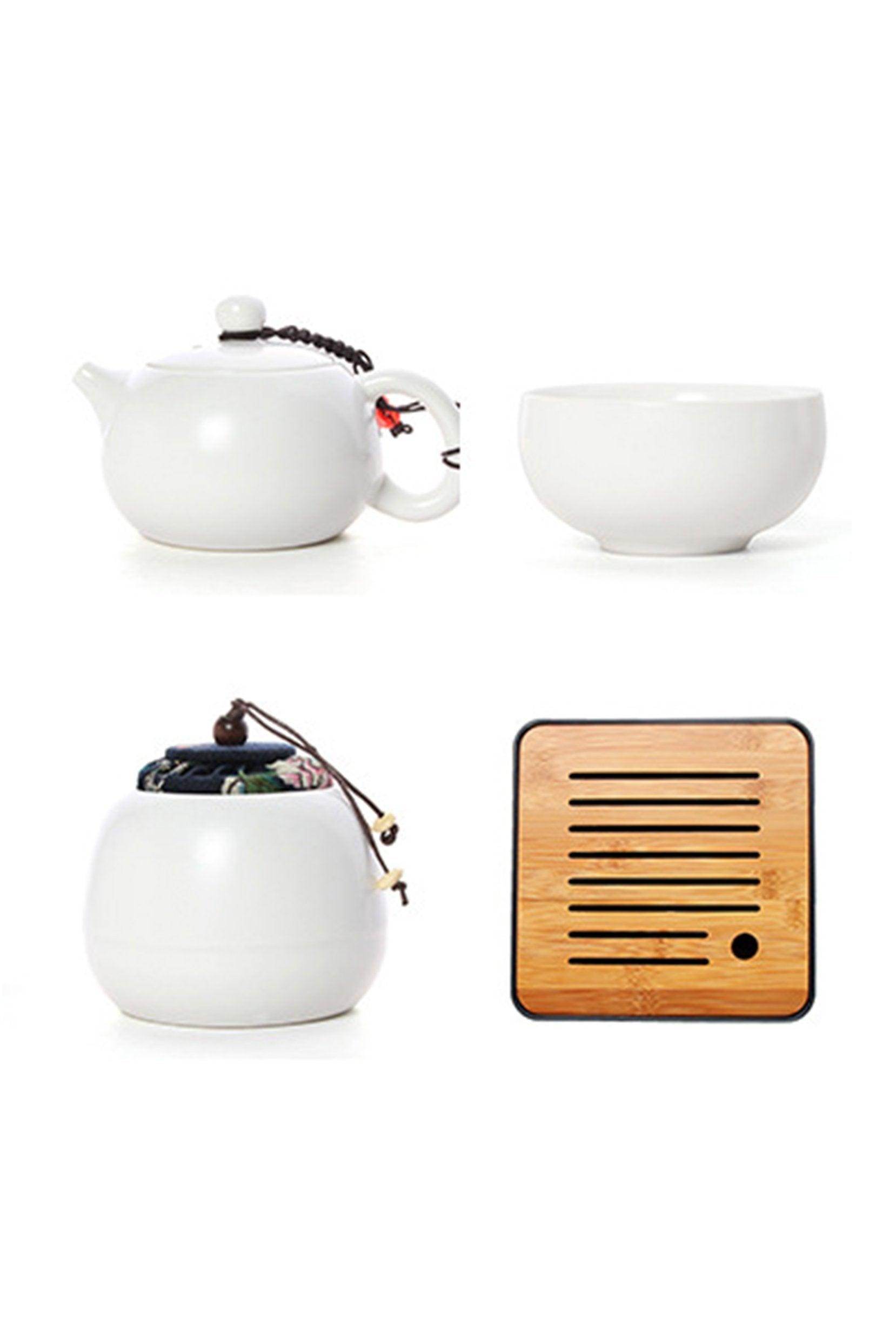 Oriental Ceramic Kung Fu Tea Gift Set With Wooden Tea Tray and Zippered Travel Bag CGF0202 (Set of 1 pcs) - COCOMELODY