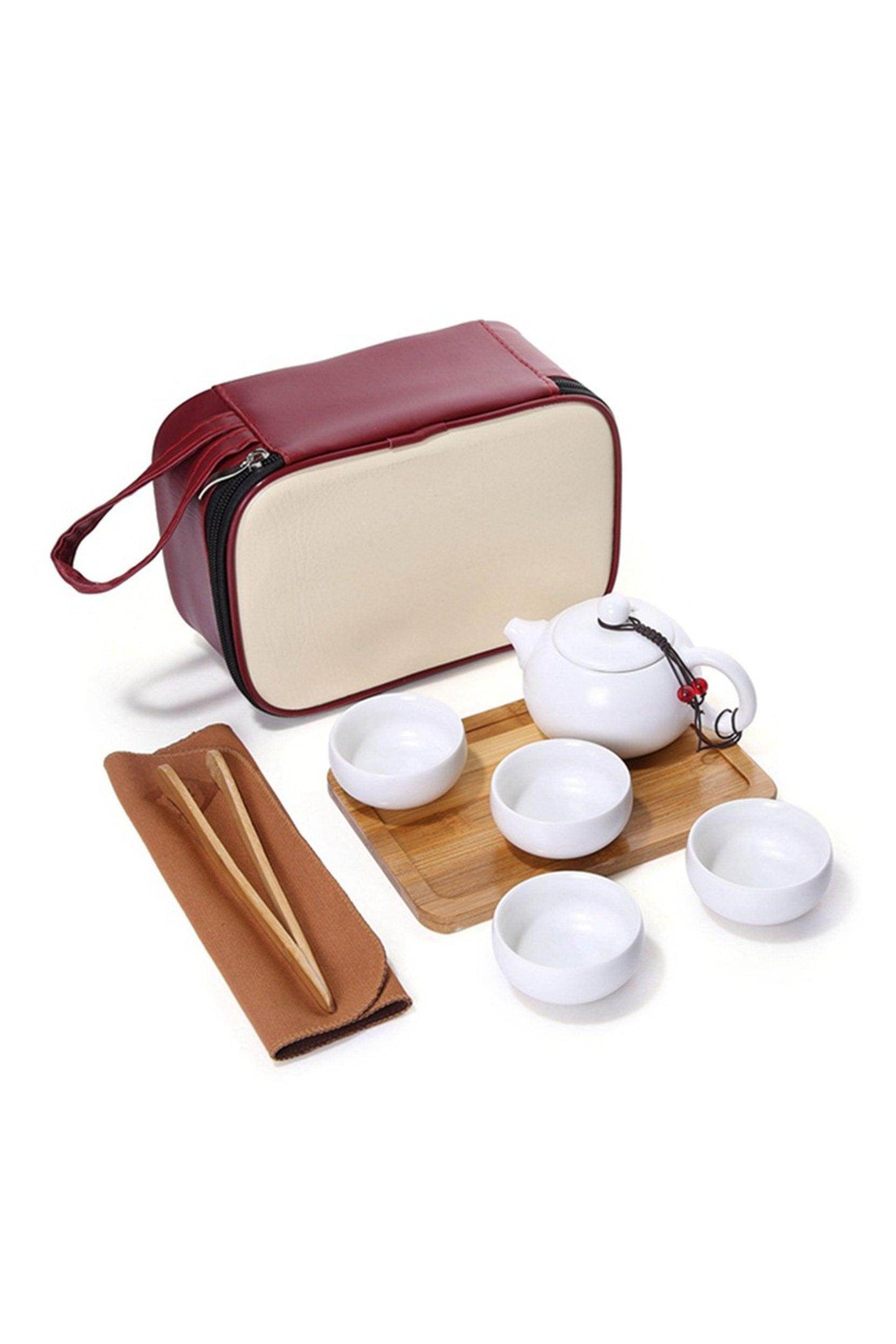 Oriental Ceramic Kung Fu Tea Gift Set With Wooden Tea Tray and Zippered Travel Bag CGF0202 (Set of 1 pcs) - COCOMELODY