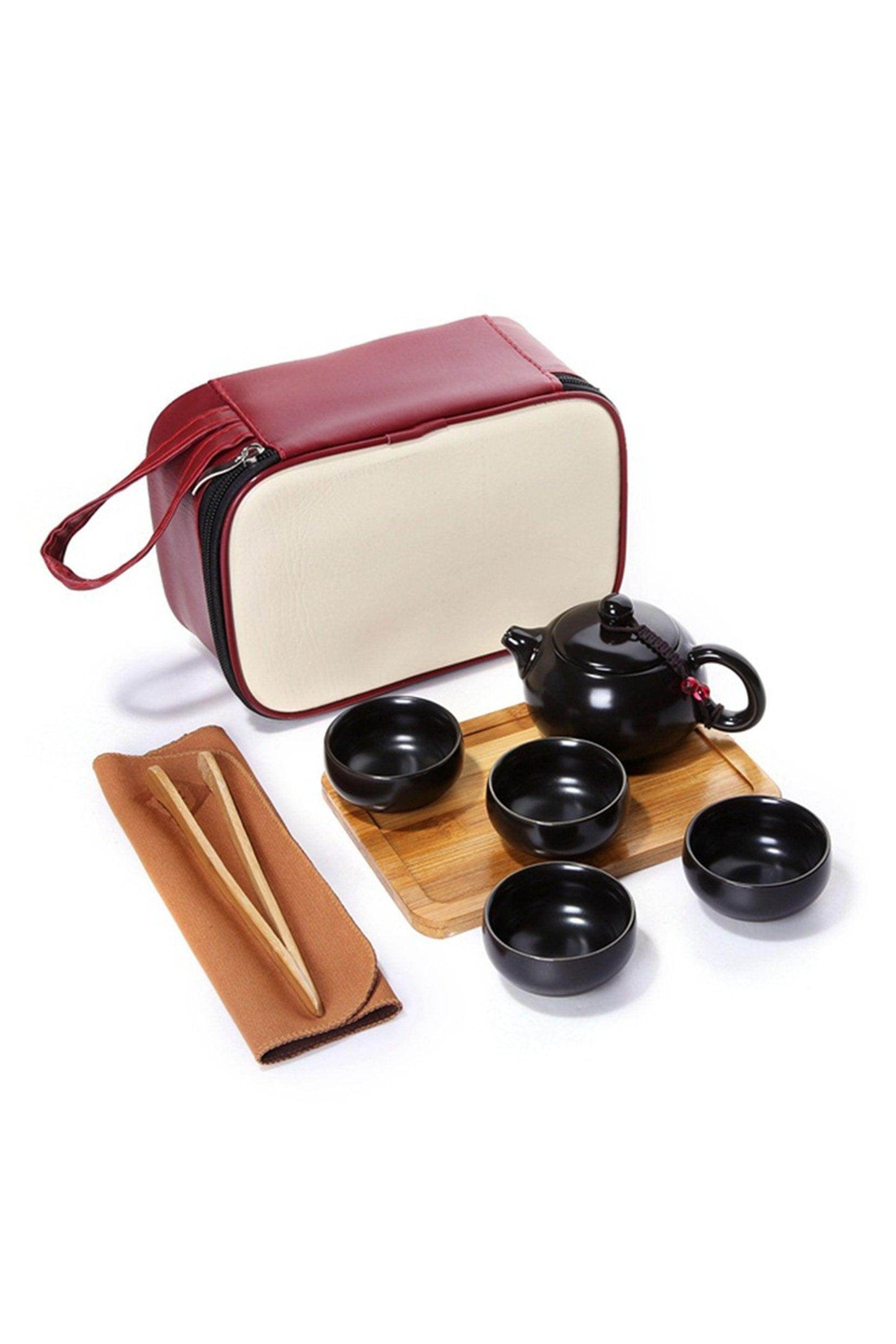 Oriental Ceramic Kung Fu Tea Gift Set With Wooden Tea Tray and Zippered Travel Bag CGF0202 (Set of 1 pcs) - COCOMELODY