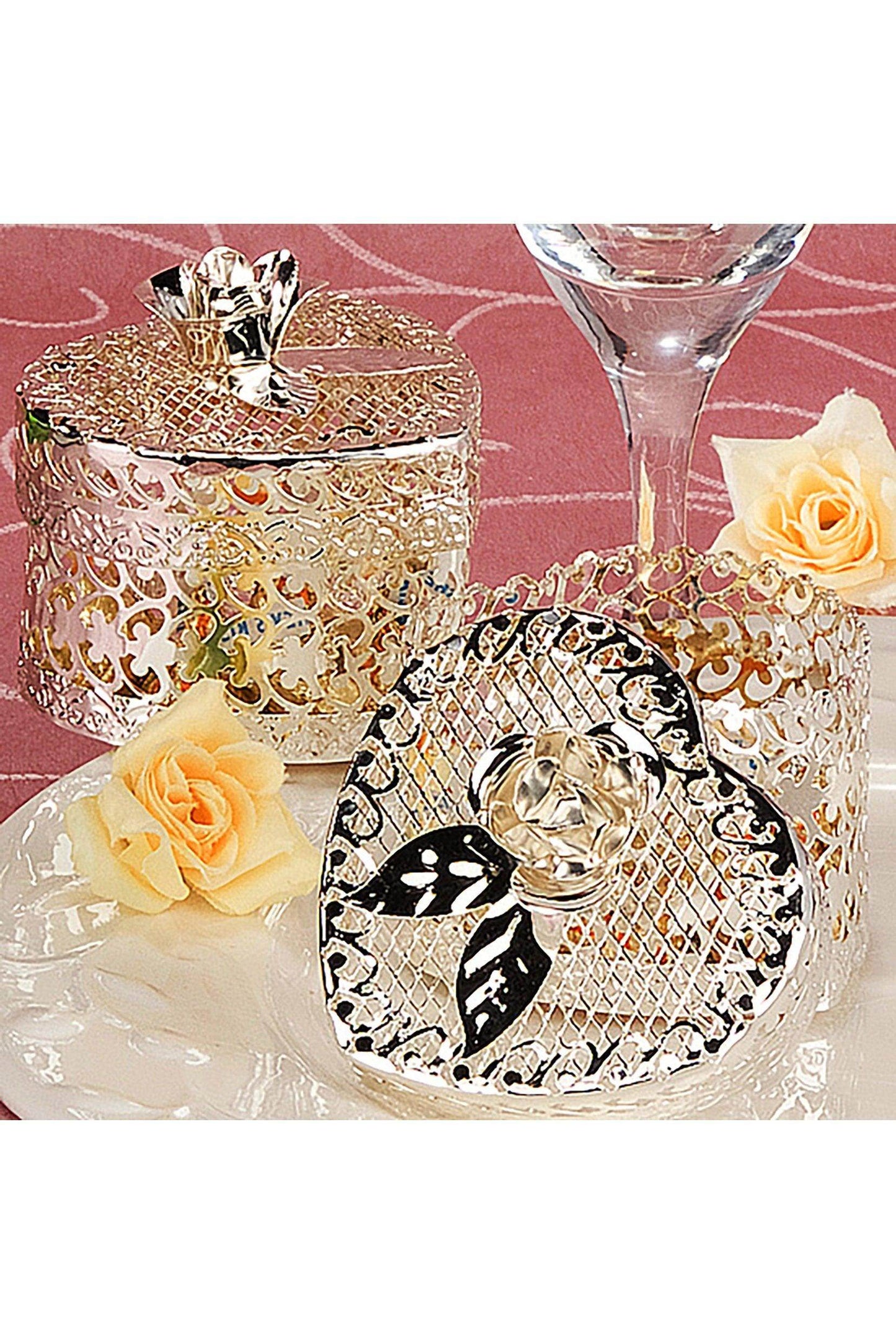 Silver Metal Rose Heart Shaped Box CGF0234 (Set of 6 pcs) - COCOMELODY
