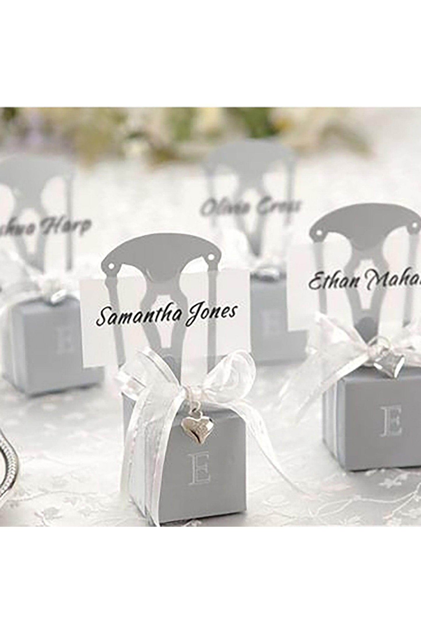 Miniature Silver Chair Favor Box with Heart Charm and Ribbon CGF0256 (Set of 12 pcs) - COCOMELODY