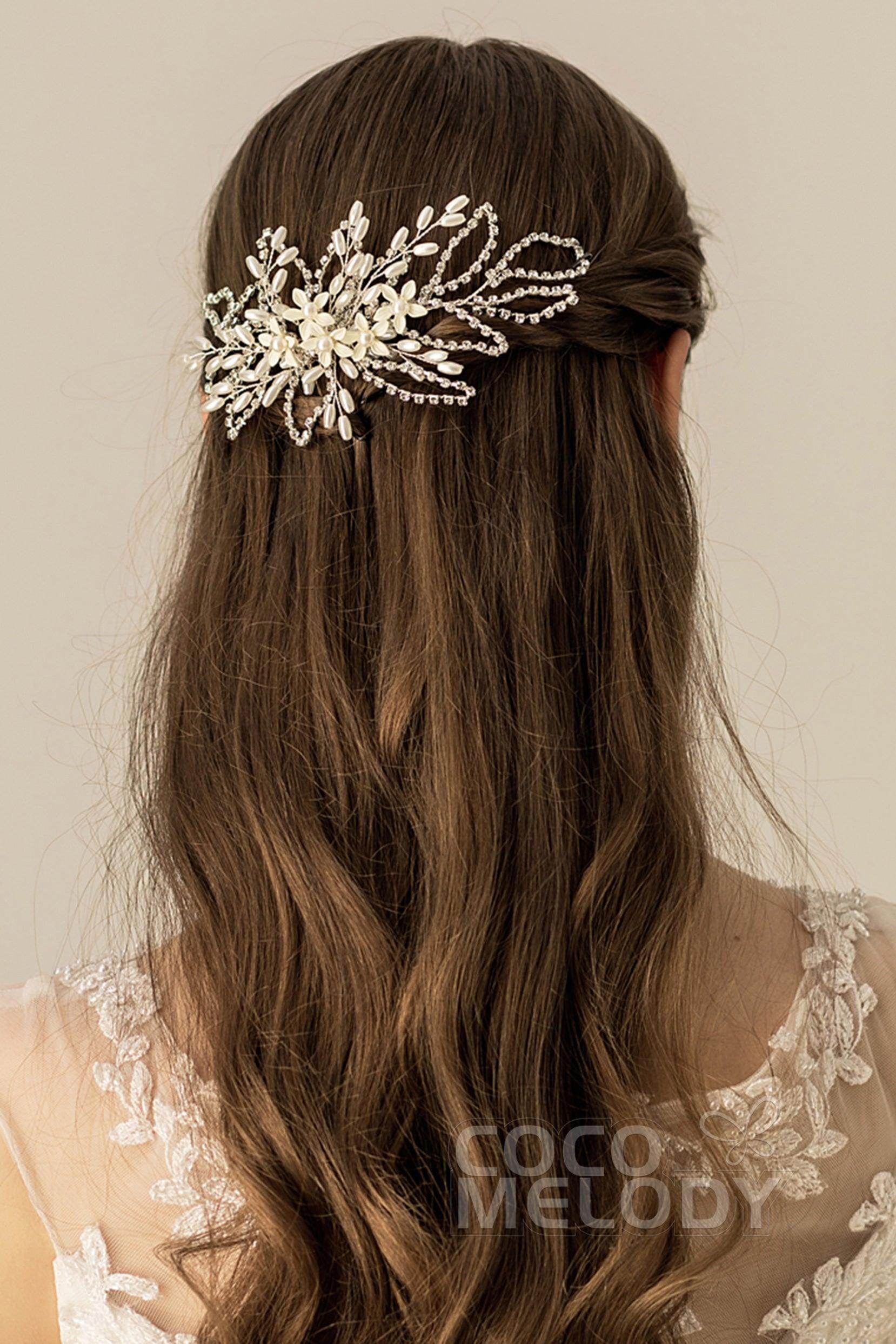 Fancy Alloy Hair Combs with Imitation Pearl Flower CH0175 - COCOMELODY