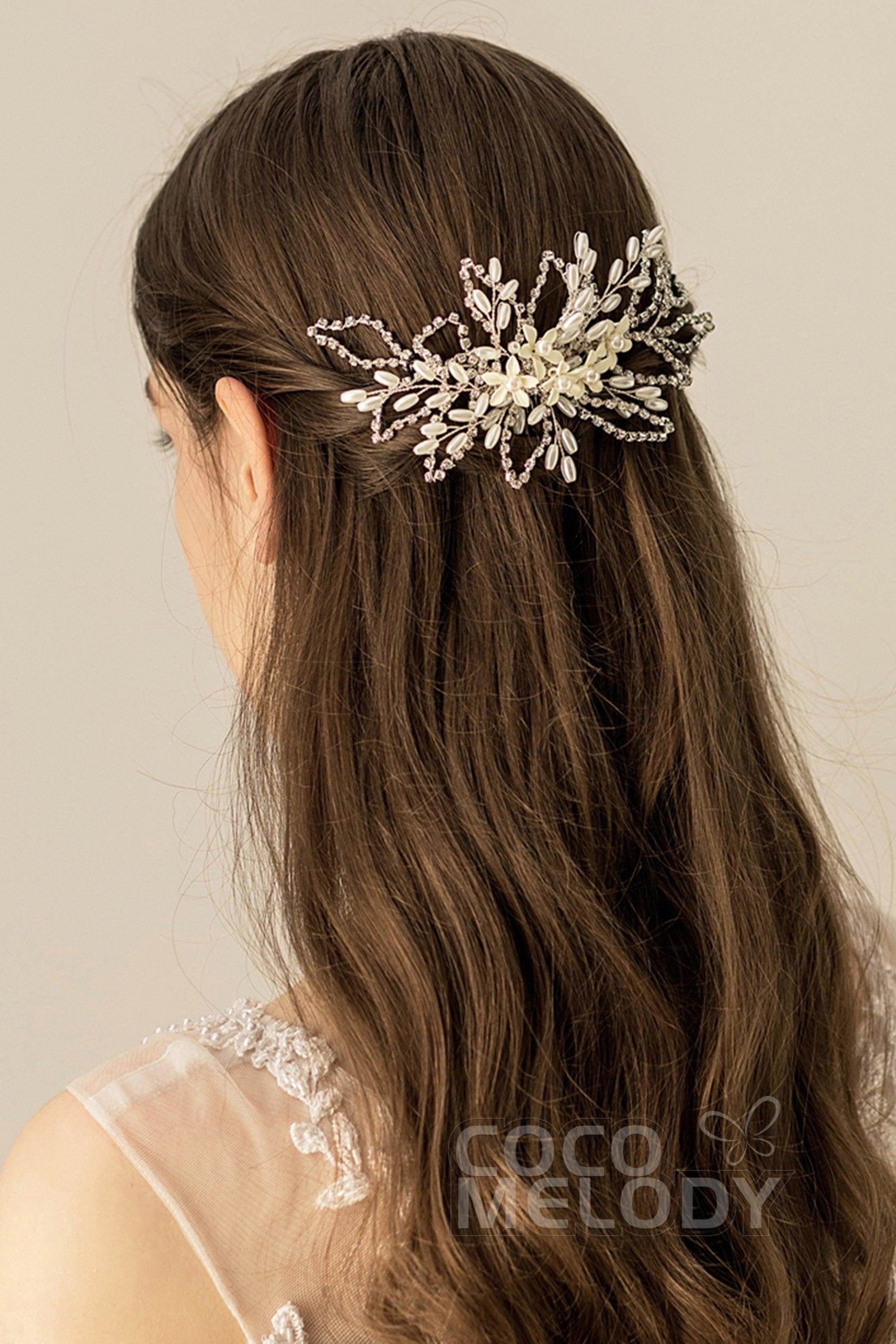 Fancy Alloy Hair Combs with Imitation Pearl Flower CH0175 - COCOMELODY