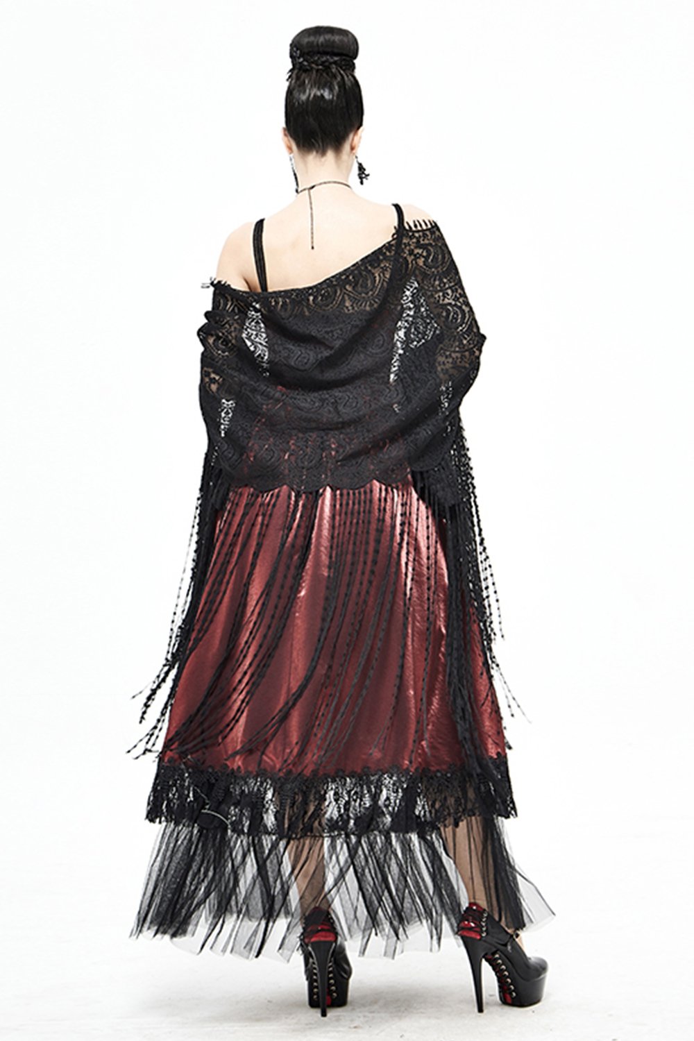 Black Lace Wedding Shawl with Tassel CJ0095