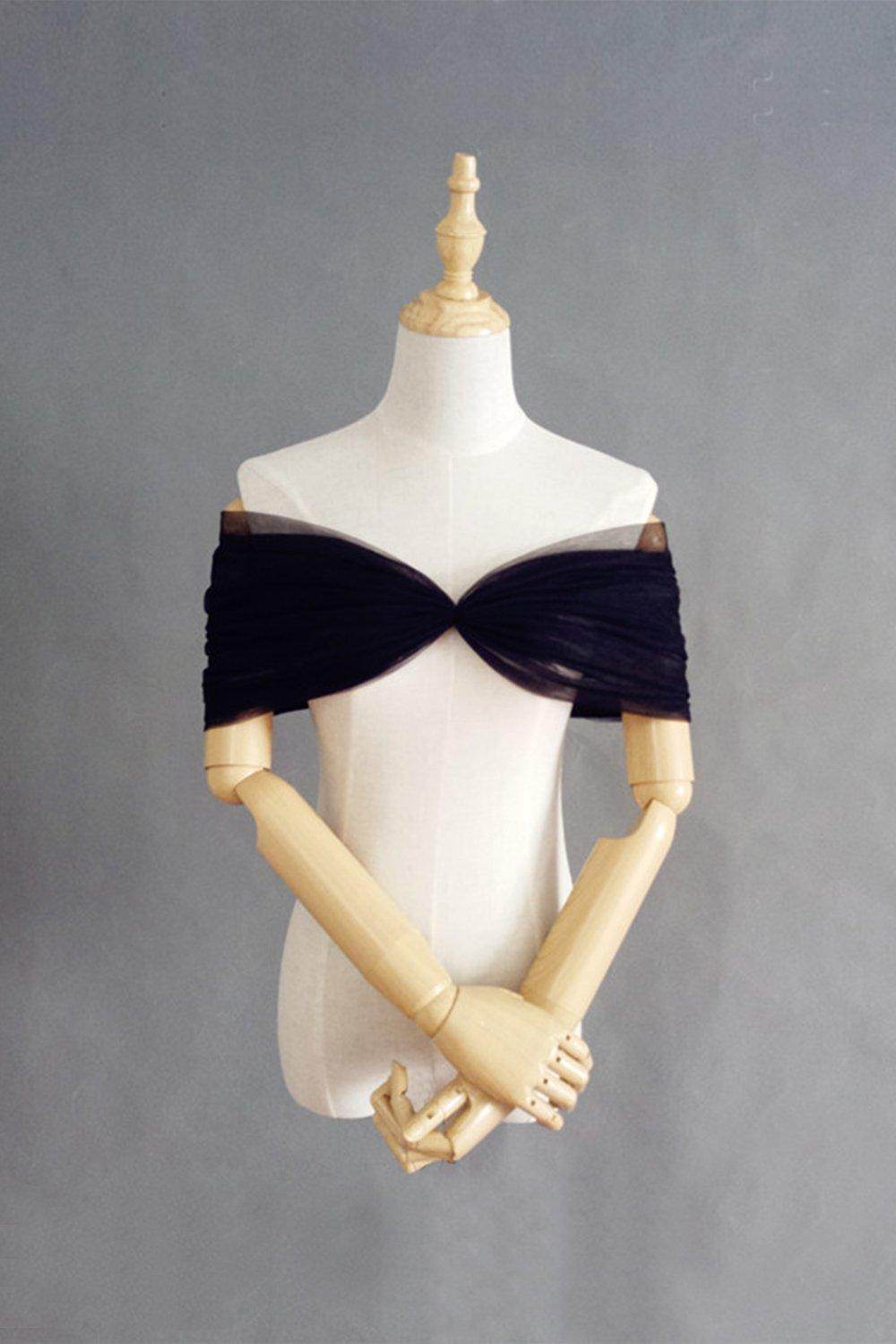 Black Tulle Wedding Shawl with Pleating CJ0097 - COCOMELODY