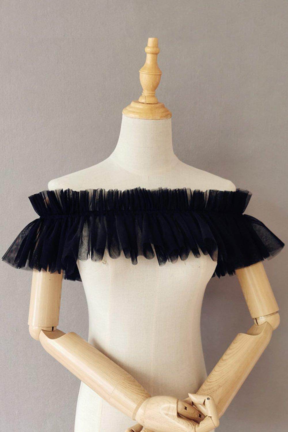 Black Tulle Wedding Shawl with Pleating CJ0098 - COCOMELODY