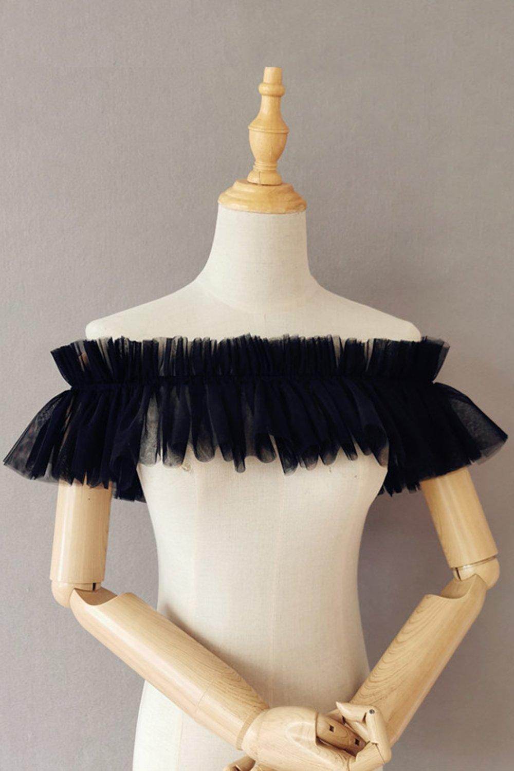 Black Tulle Wedding Shawl with Pleating CJ0098