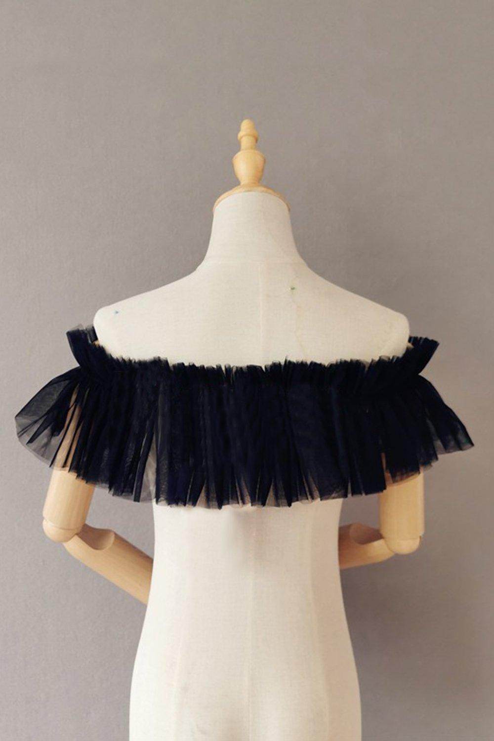 Black Tulle Wedding Shawl with Pleating CJ0098 - COCOMELODY