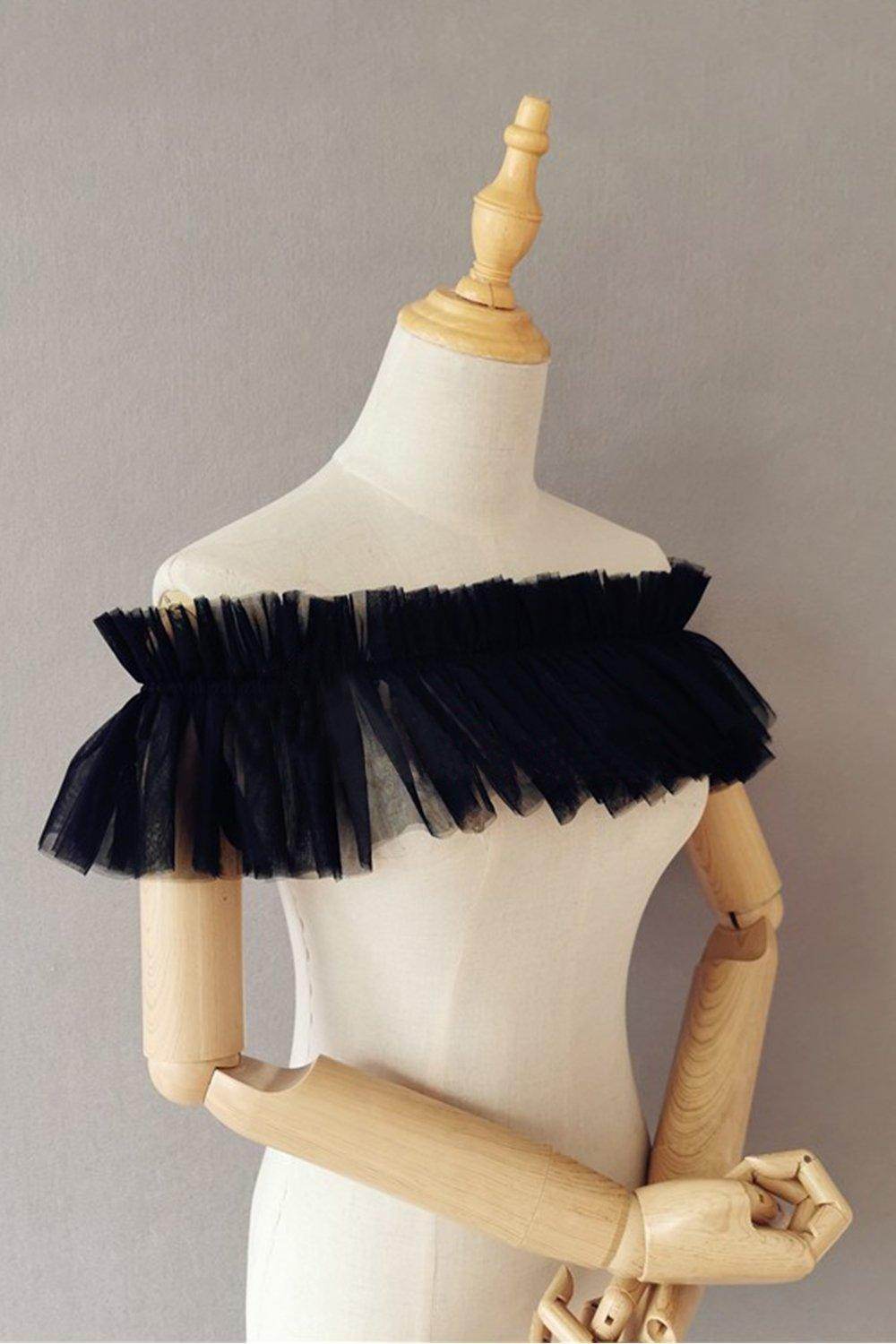 Black Tulle Wedding Shawl with Pleating CJ0098 - COCOMELODY