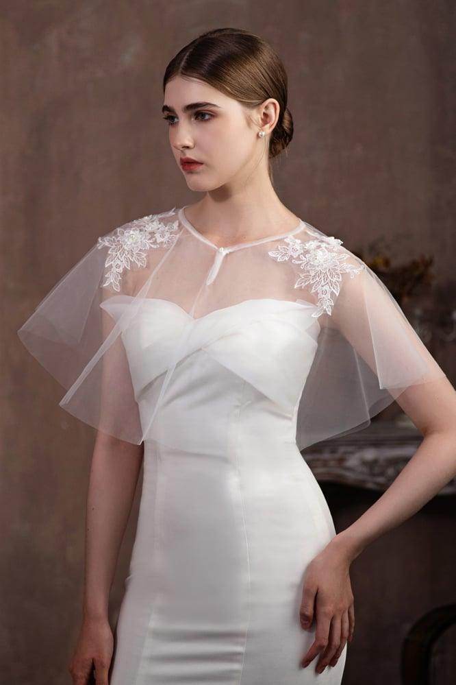 Tulle Shawl with Appliques Lace Beading CJ0115 - COCOMELODY