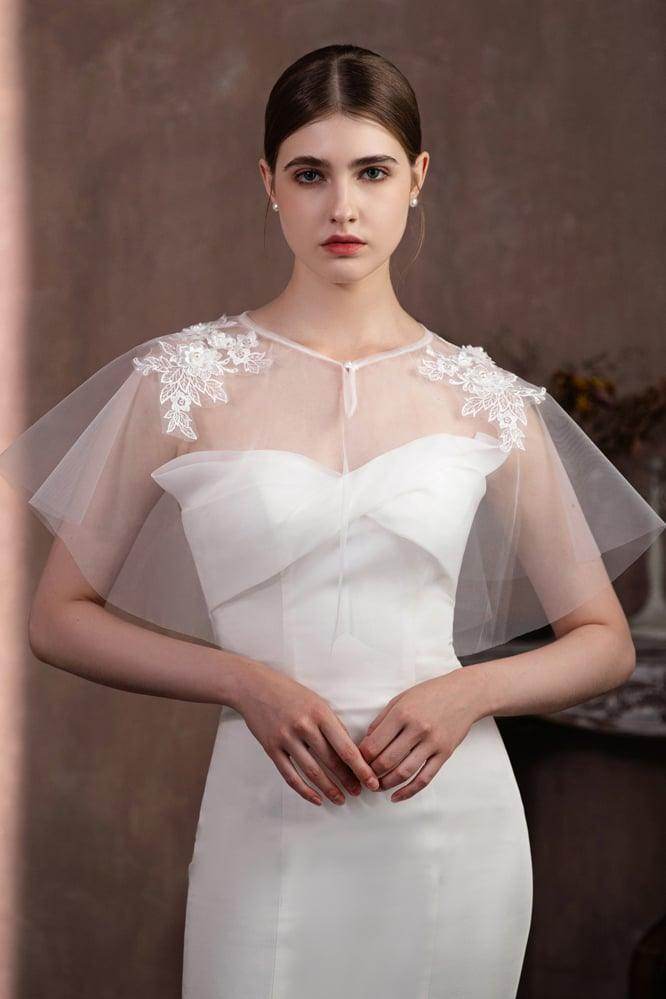 Tulle Shawl with Appliques Lace Beading CJ0115 - COCOMELODY