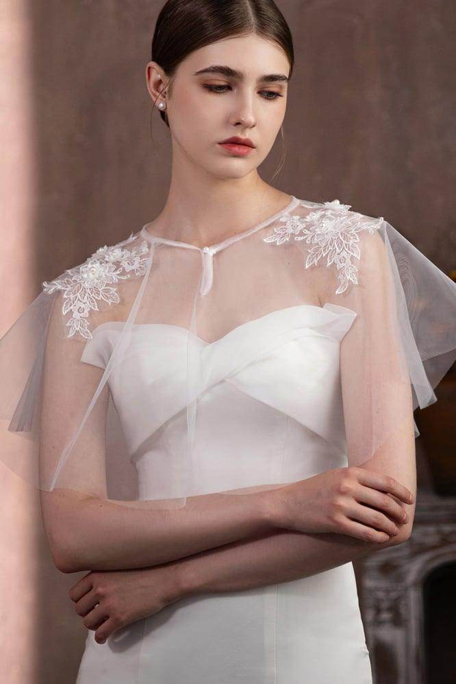 Tulle Shawl with Appliques Lace Beading CJ0115 - COCOMELODY