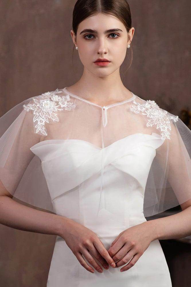 Tulle Shawl with Appliques Lace Beading CJ0115 - COCOMELODY