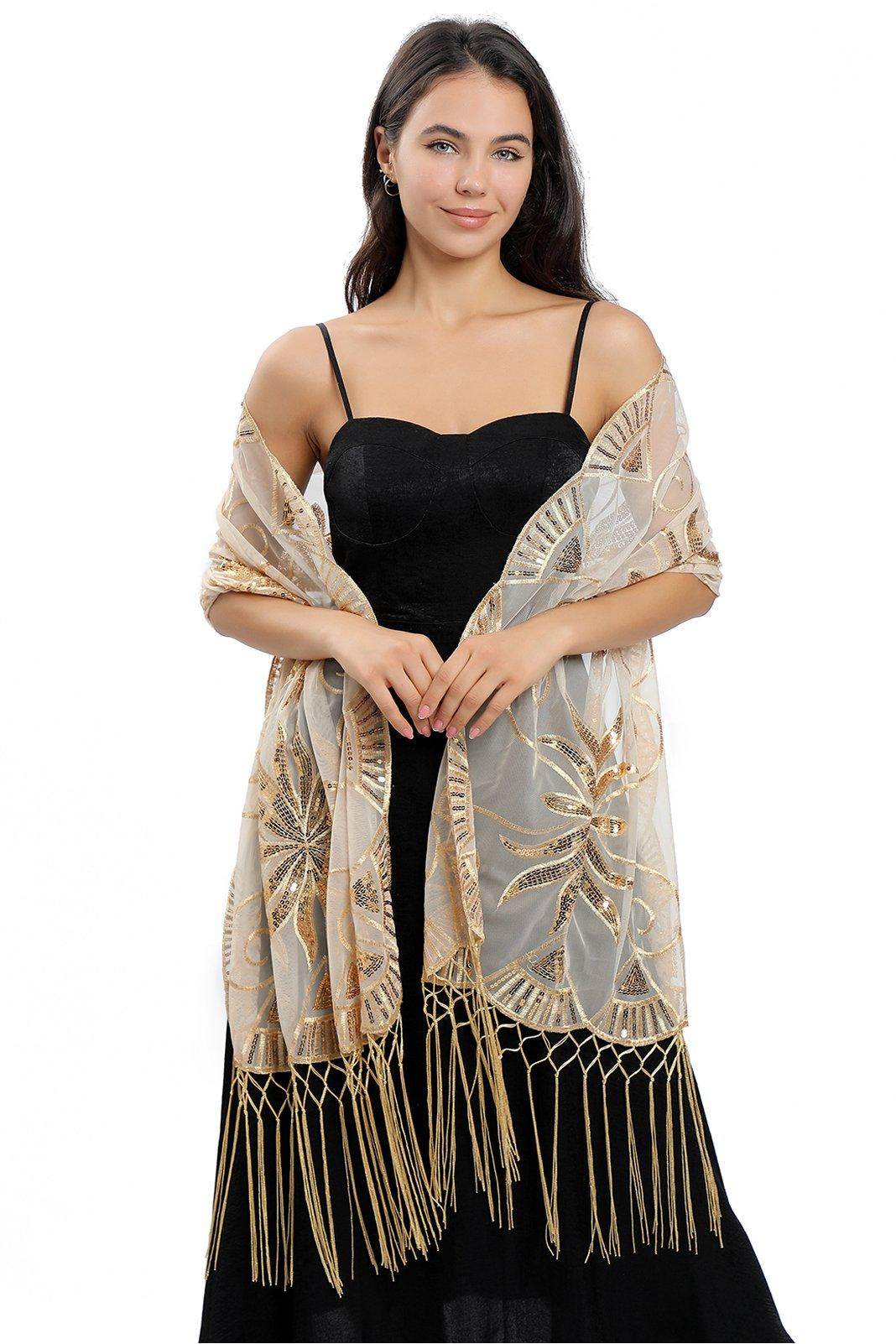 Lace Shawl with Tassels Sequined CJ0138 - COCOMELODY