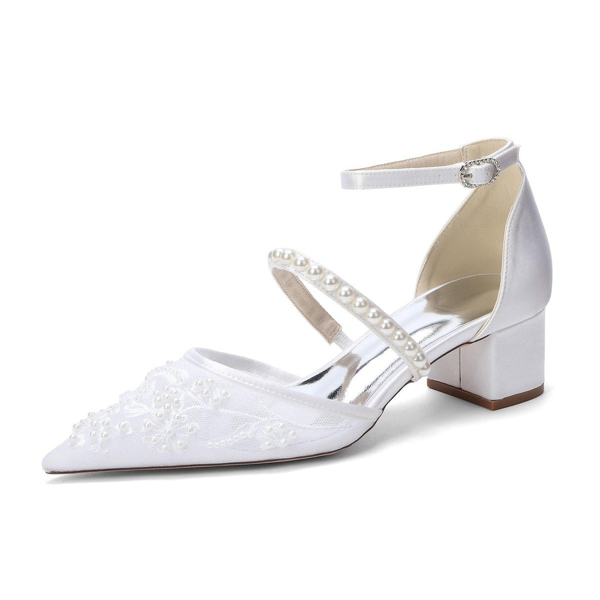 Block Heel 4.5cm Lace Silk-Like Pearl Embroidered Mesh Shoes CK0493 - 10 Days / White / 35 - COCOMELODY