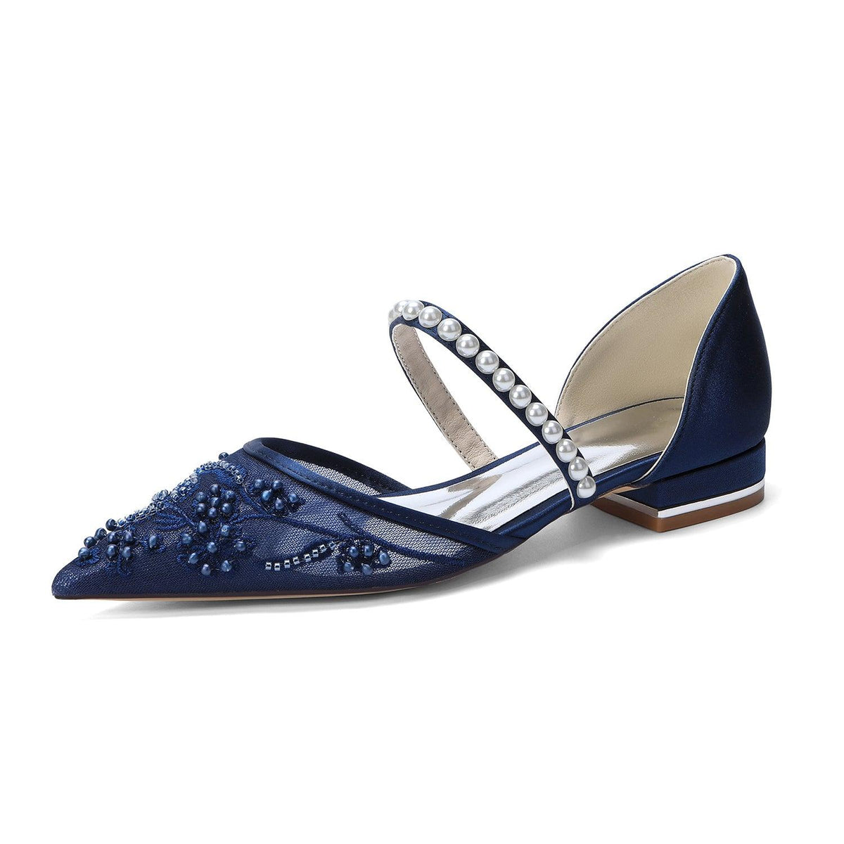 Lace Silk-Like Pearl Embroidered Mesh Flat Shoes CK0497 - 10 Days / Dark Blue / 35 - COCOMELODY