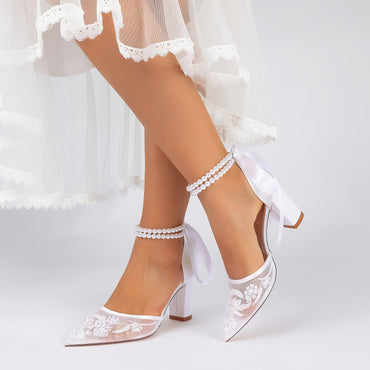 Chunky Heel 8.5cm Lace Silk-Like Pearl Embroidered Mesh Shoes CK0501 - 10 Days / Ivory / 35 - COCOMELODY