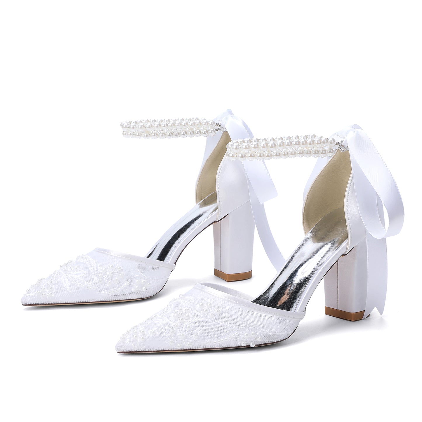 Chunky Heel 8.5cm Lace Silk-Like Pearl Embroidered Mesh Shoes CK0501