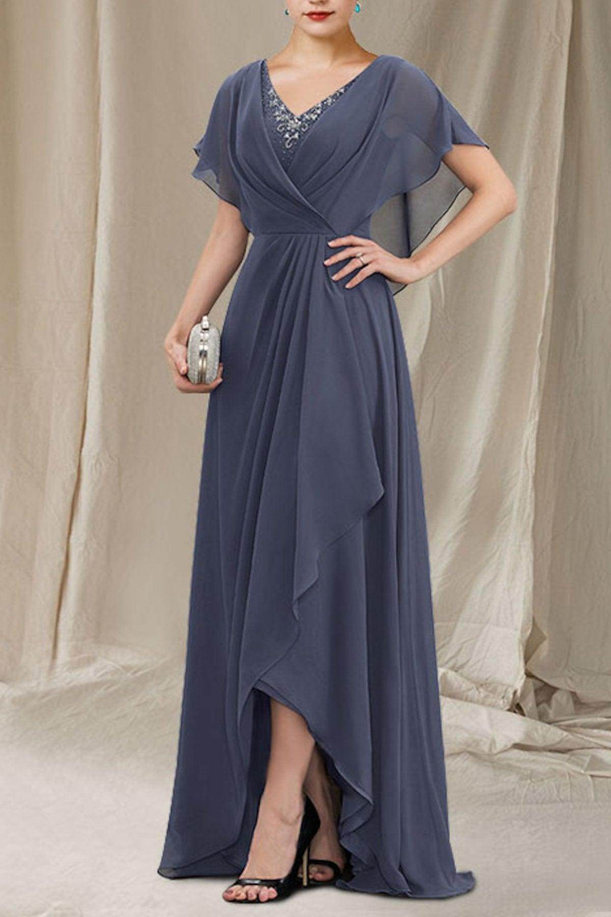 A-Line High-Low Asymmetrical Chiffon Ruffles Mother of the Bride Dress Short Sleeves COCOMELODY CM0080, Dusty Purple