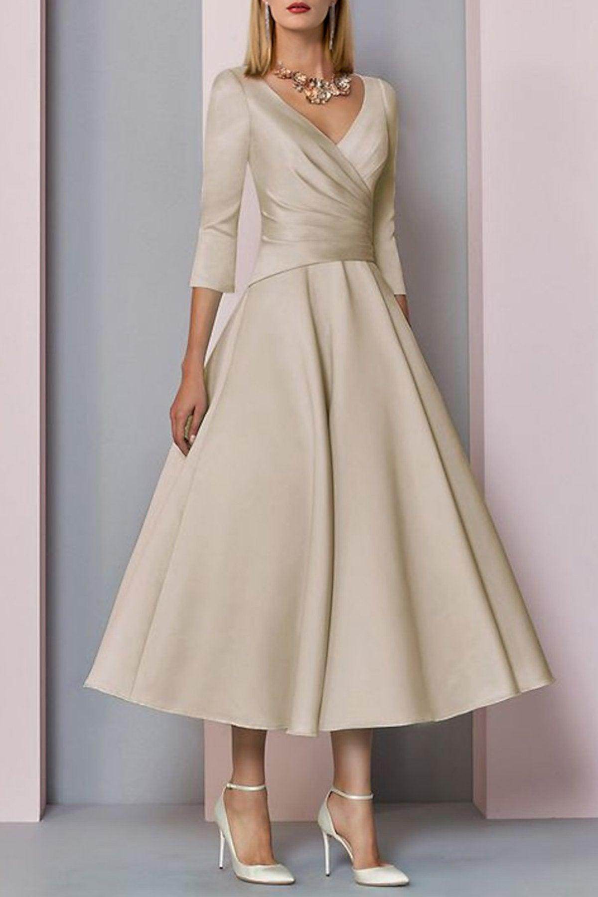 Mother of The Bride Dress A-Line Tea Length Satin V-Neck Pleated 2026 Formal Gown COCOMELODY CM0081, Tawny Mother of The Bride Dress A-Line Tea Length Satin V-Neck Pleated 2026 Formal Gown COCOMELODY CM0081, Tawny