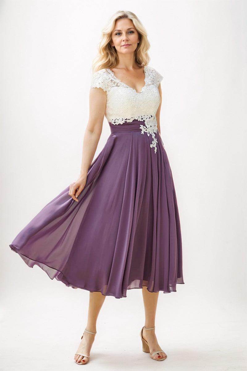 A-Line Midi Chiffon Purple Mother of The Bride Dresses COCOMELODY CM0258, White A-Line Midi Chiffon Purple Mother of The Bride Dresses COCOMELODY CM0258, White