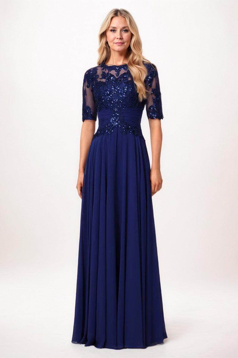 royal blue mother of bride dresses Dark Navy The Dress 3/4 Sleeves Empire Waist Lace Top Mother Of The Bride Dress natural waist line Royal Blue Mother of the