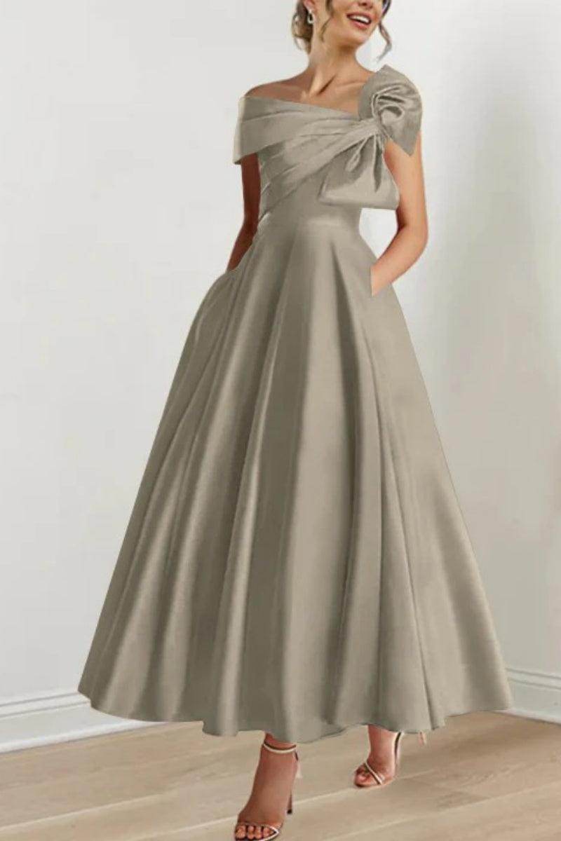 Elegant A-Line Ankle Length Mother Dress Satin Bow Off the Shoulder Wedding Guest Gown COCOMELODY CM0333 Elegant A-Line Ankle Length Mother Dress Satin Bow Off the Shoulder Wedding Guest Gown COCOMELODY CM0333