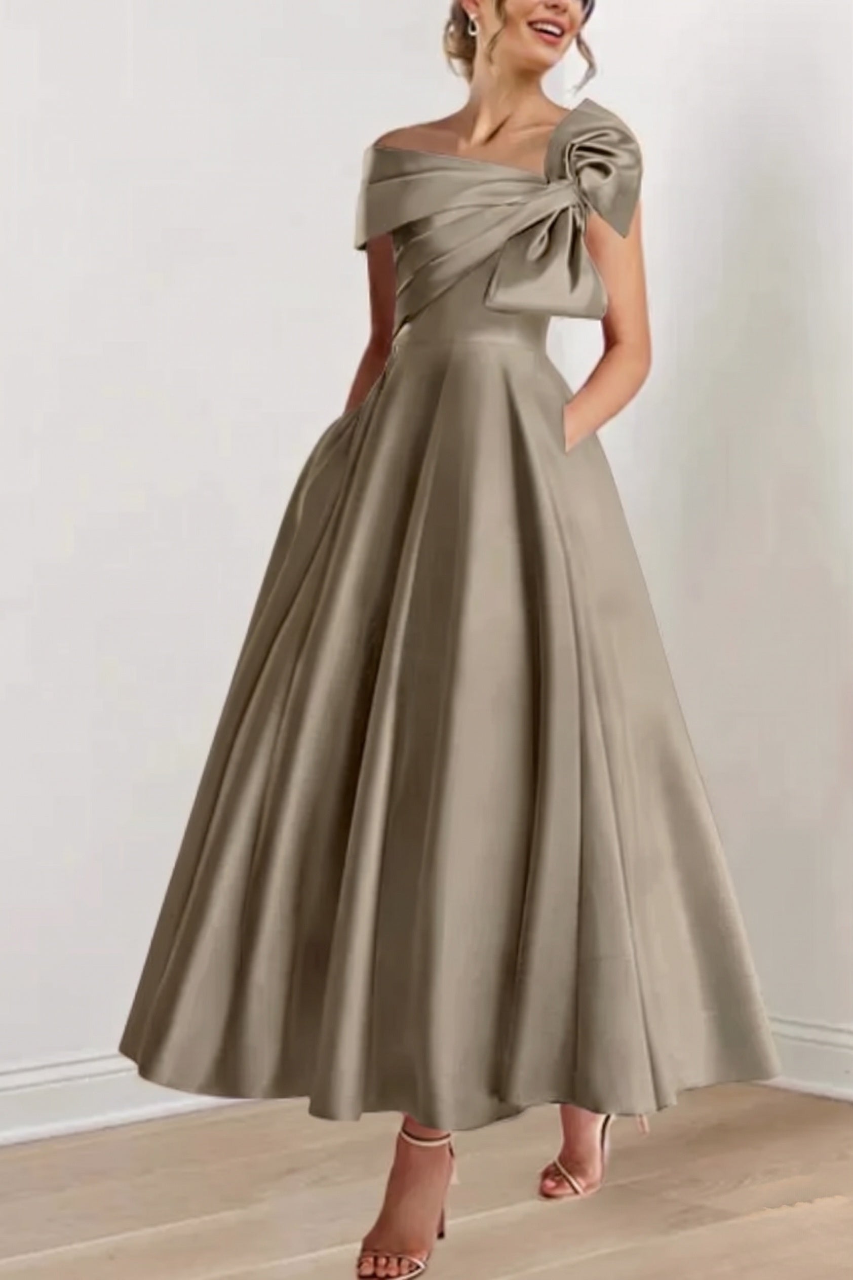 Elegant A-Line Ankle Length Mother Bride Dress Satin with Bow Off the Shoulder Pleated Wedding Guest Dress COCOMELODY CM0333, M-Gold
