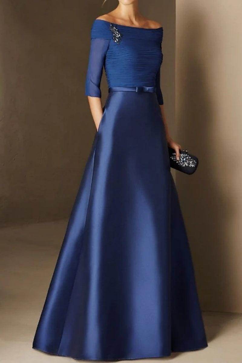 A-Line Floor Length Satin Mother Dresses Off the Shoulder Appliqued Elegant Formal Gown COCOMELODY CM0339 A-Line Floor Length Satin Mother Dresses Off the Shoulder Appliqued Elegant Formal Gown COCOMELODY CM0339